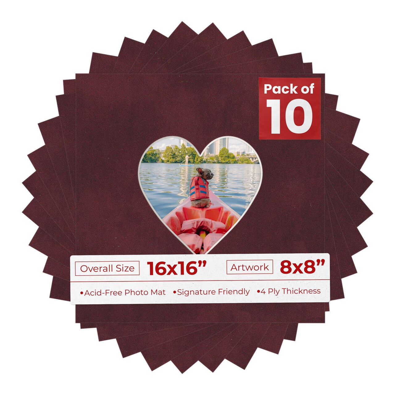 Dark Red Suede Mat Board for 16x16 Frames - Heart Opening for 8x8 Photos